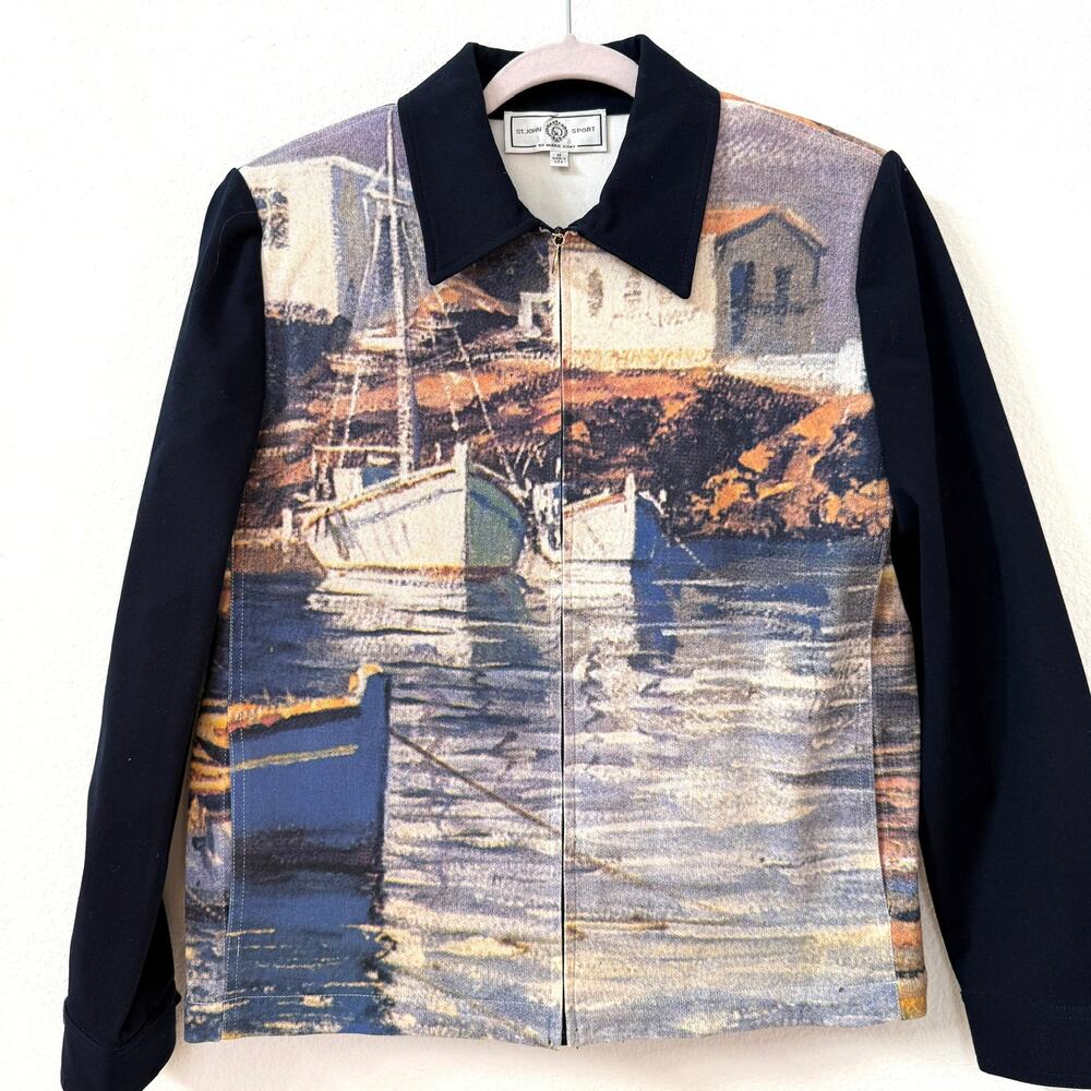 ST JOHN SPORT Scenic Harbor Print Zip Jacket Coastal Artwear Medium